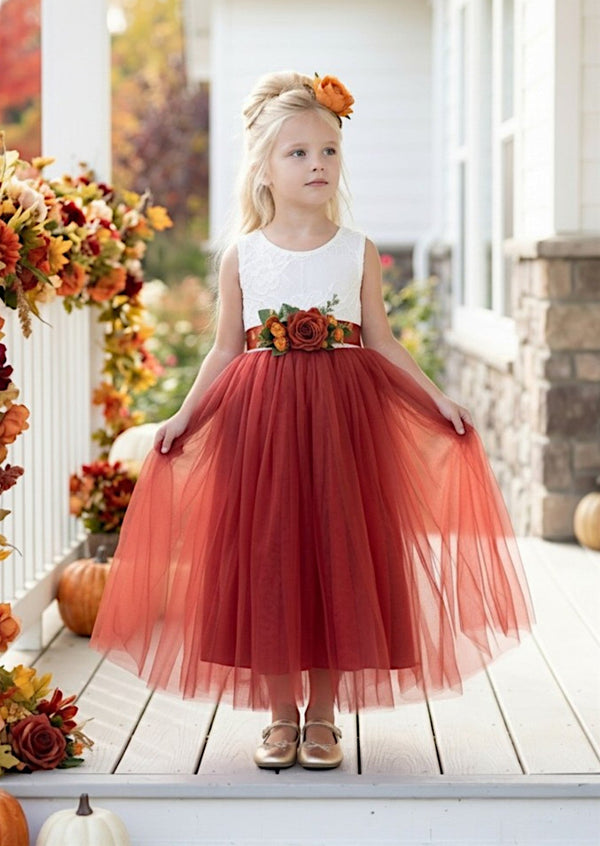 Celine rust sleeveless flower girl dress with lace bodice and flowing tulle skirt