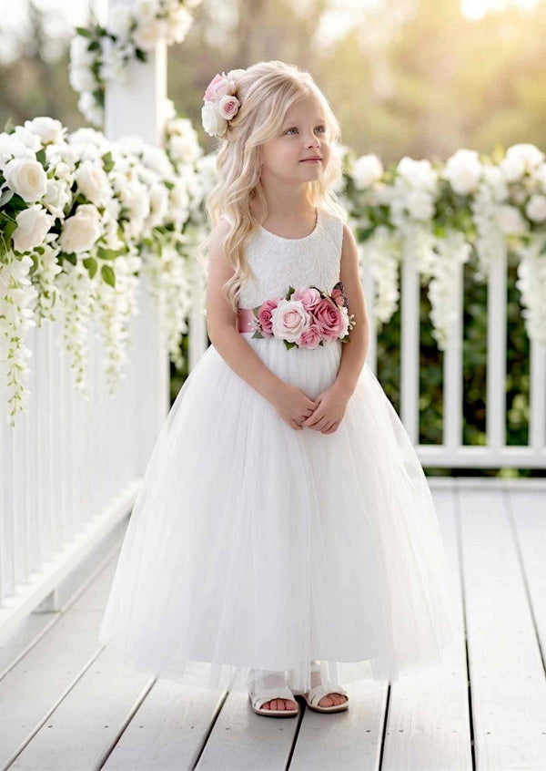Celine White Sleeveless Flower Girl Dress - 