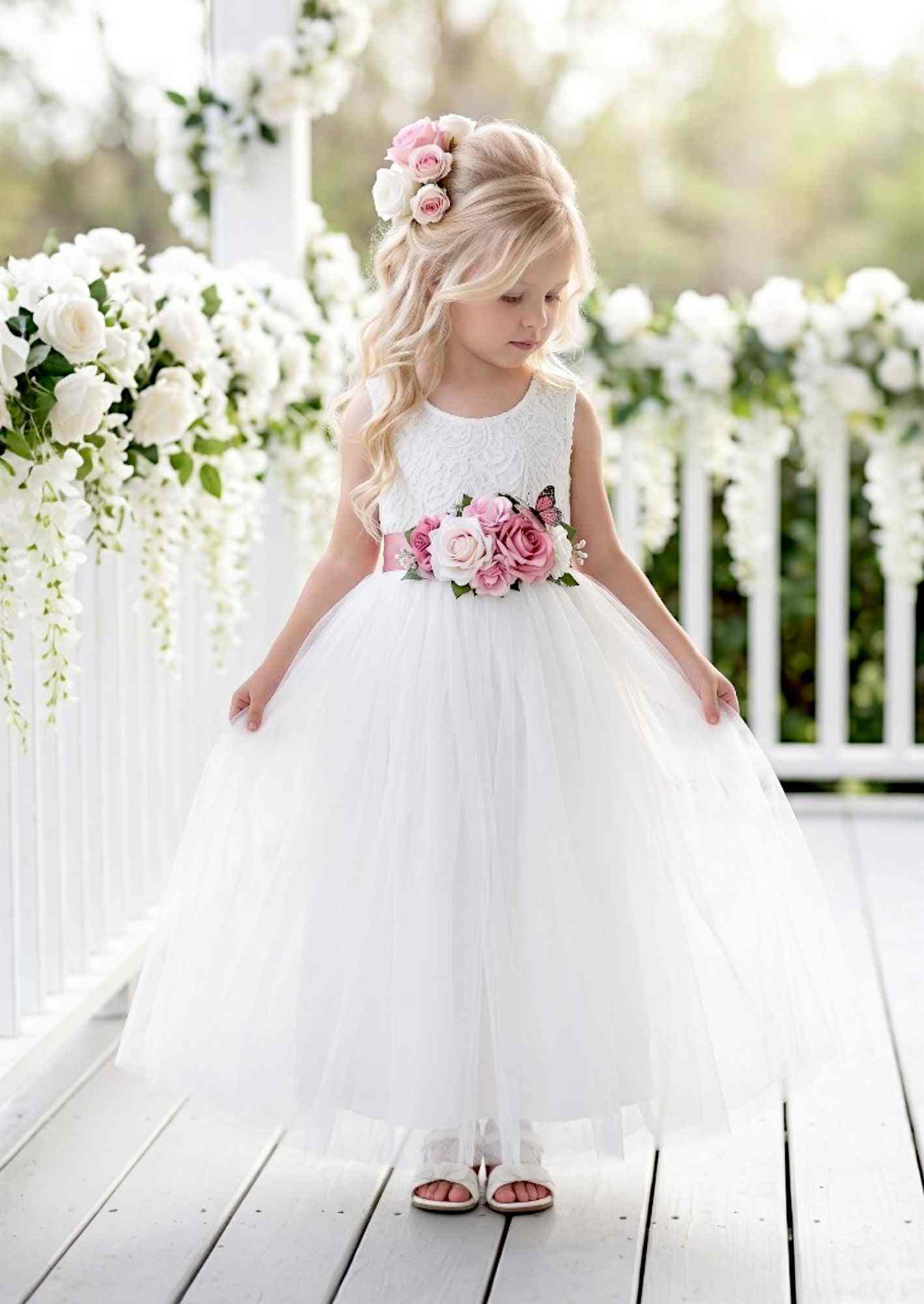 white flower girl dresses Elegant White Flower Girl Dresses Luxury Beading Puff Sleeve J092 Ivory / 14(160CM)