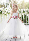 Celine white sleeveless flower girl dress with lace bodice and tulle skirt