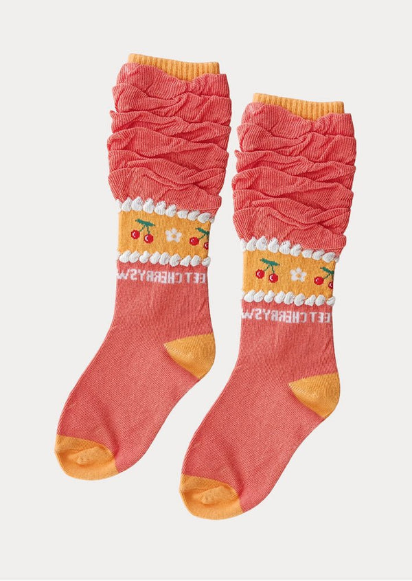 Cherry Bloom Scrunch Socks – Soft Orange & Gold - 