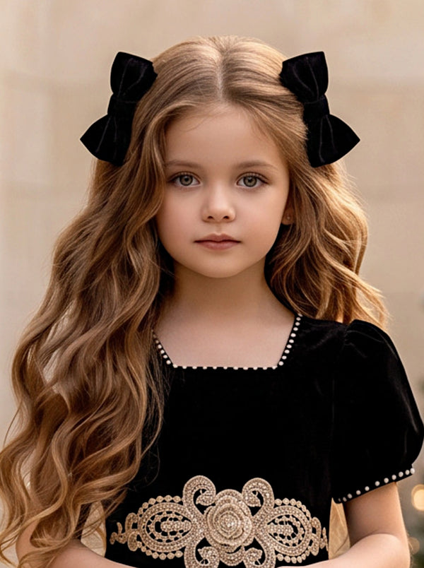 Ophelia Noir Girls Black Velvet Bows Set | Flower Girl Hair Accessories