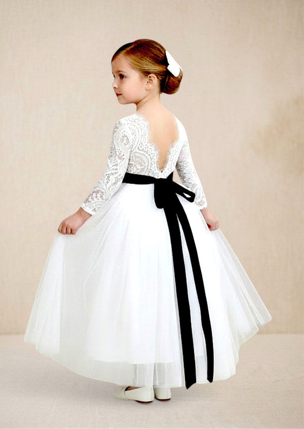 Classic White Long Sleeve Flower Girl Dress - 