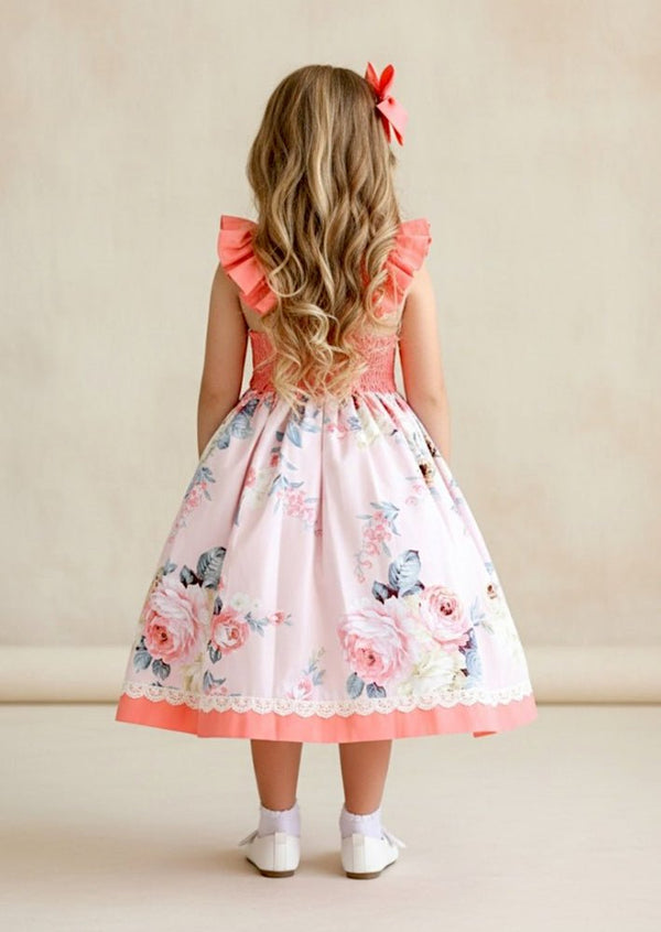 Coral Blossom Cotton Ruffle Cross Back Dress - 