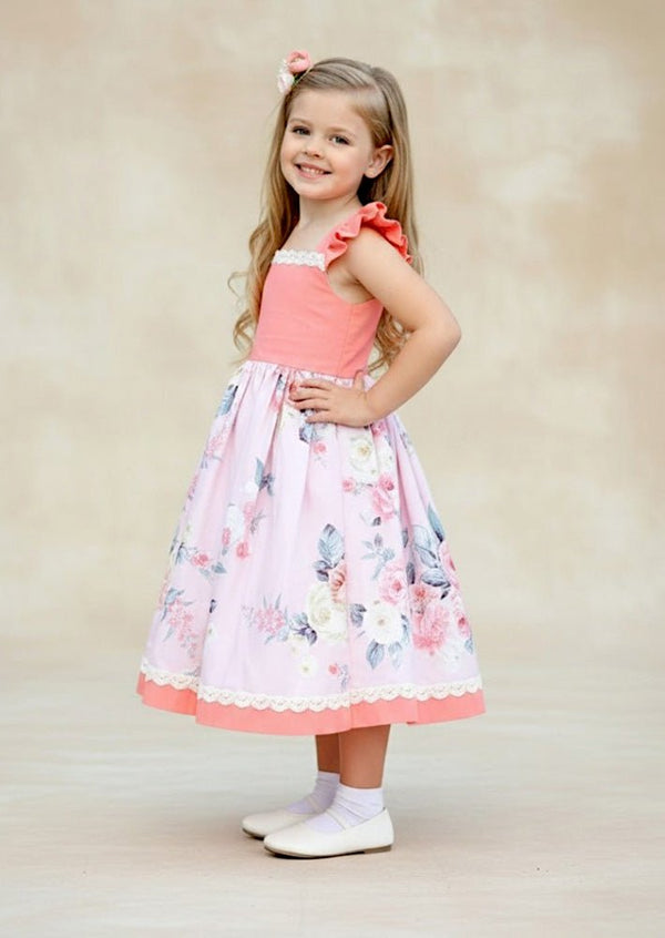 Coral Blossom Cotton Ruffle Cross Back Dress - 
