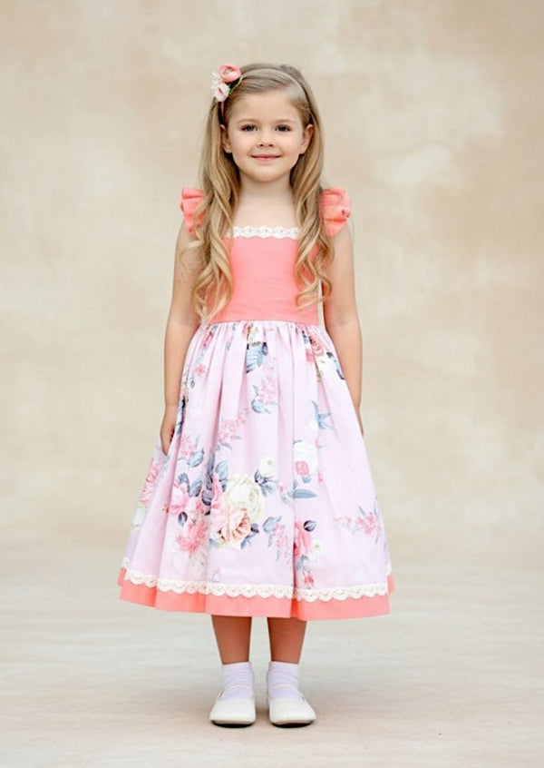 Coral Blossom Cotton Ruffle Cross Back Dress - 