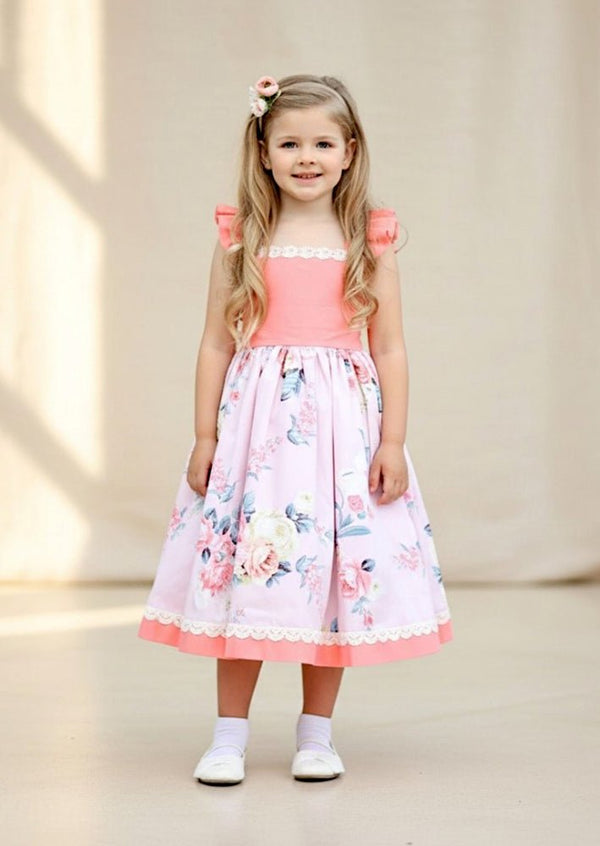 Coral Blossom Cotton Ruffle Cross Back Dress - 