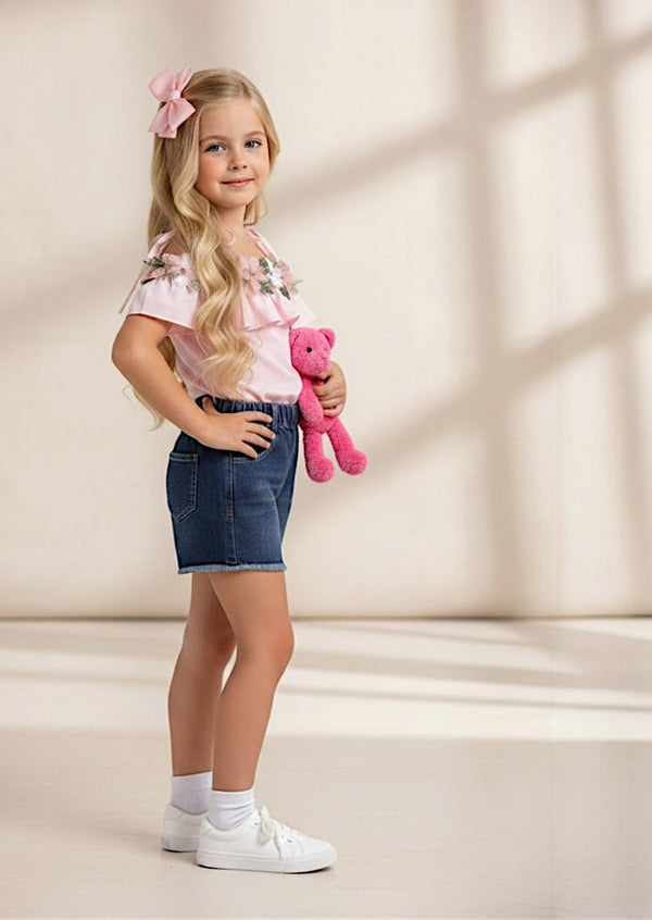 Cotton Top & Denim Shorts Set in Pink - 