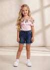 Cotton Top & Denim Shorts Set in Pink - 