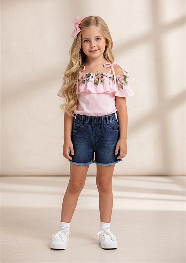 Cotton Top & Denim Shorts Set in Pink - 