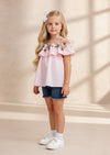 Cotton Top & Denim Shorts Set in Pink - 