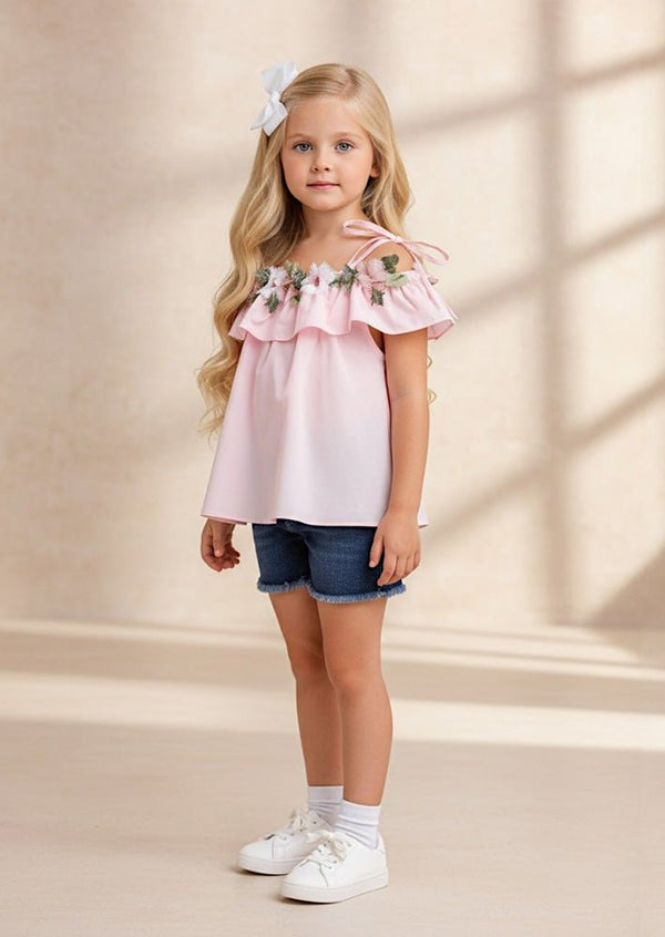 Cotton Top & Denim Shorts Set in Pink - 