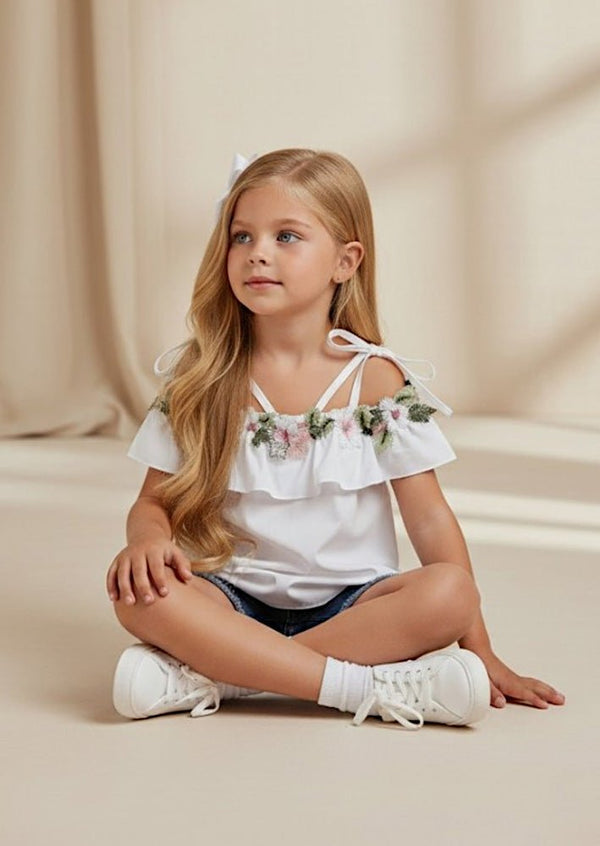 Cotton Top & Denim Shorts Set in White - 