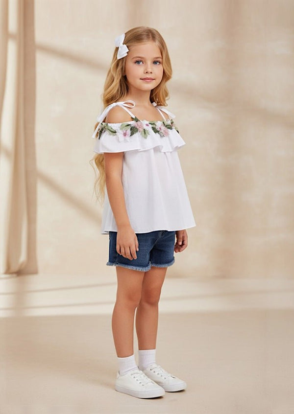 Cotton Top & Denim Shorts Set in White - 