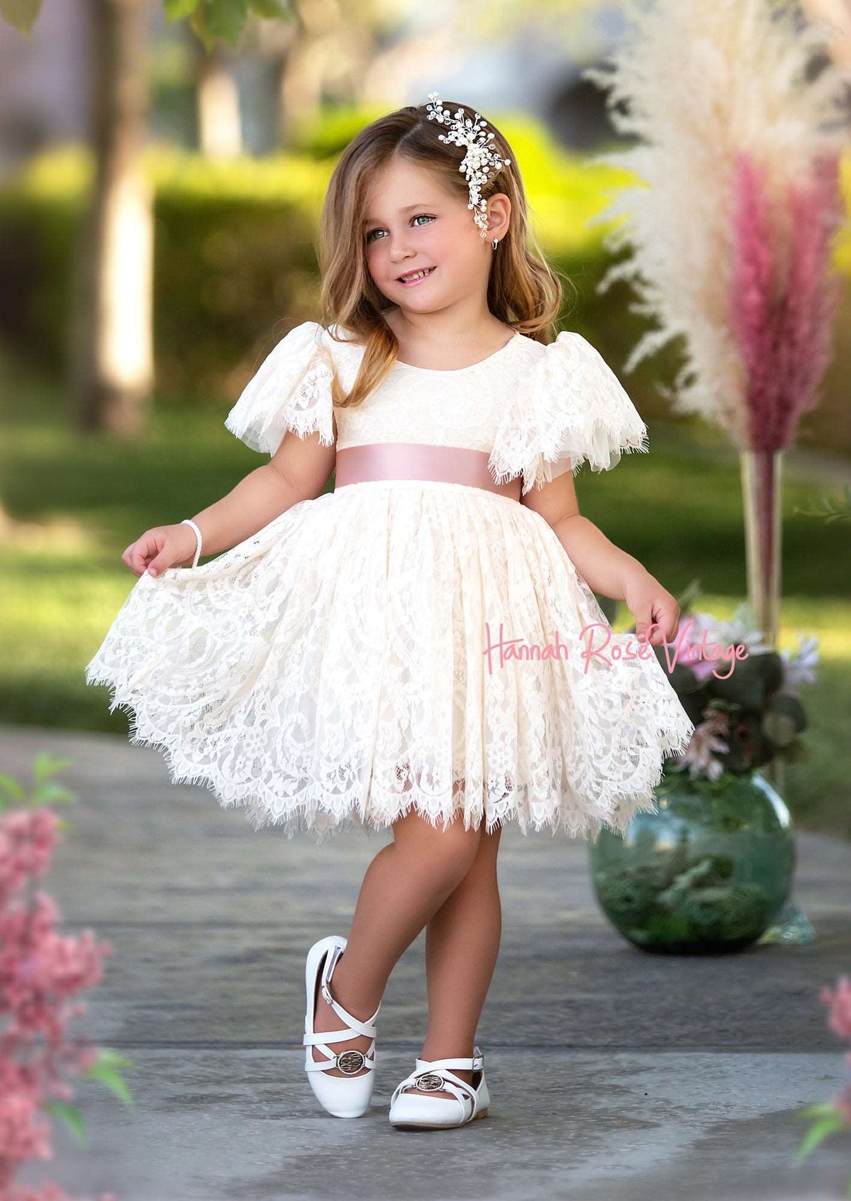 Ivory Lace Knee Length Flower Girl Dress - Hannahrosevintageboutique.com