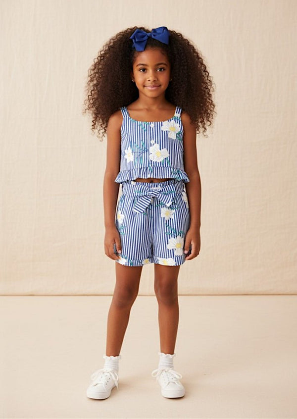 Daisy Print Girls Blue Shorts Set - 