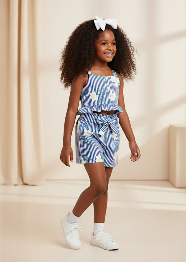 Daisy Print Girls Blue Shorts Set - 
