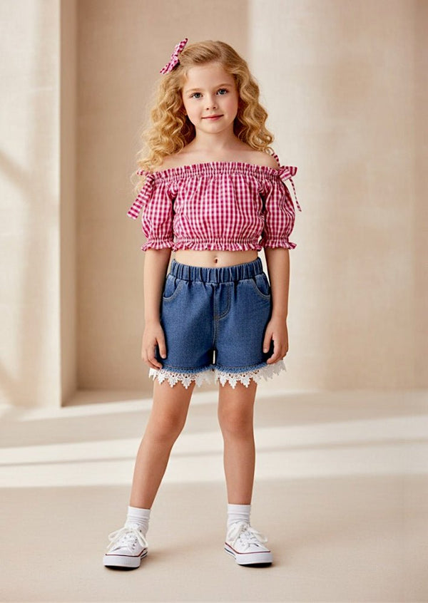 Denim Shorts with Red Check Top Set - 