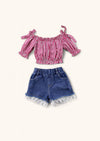 Denim Shorts with Red Check Top Set - 
