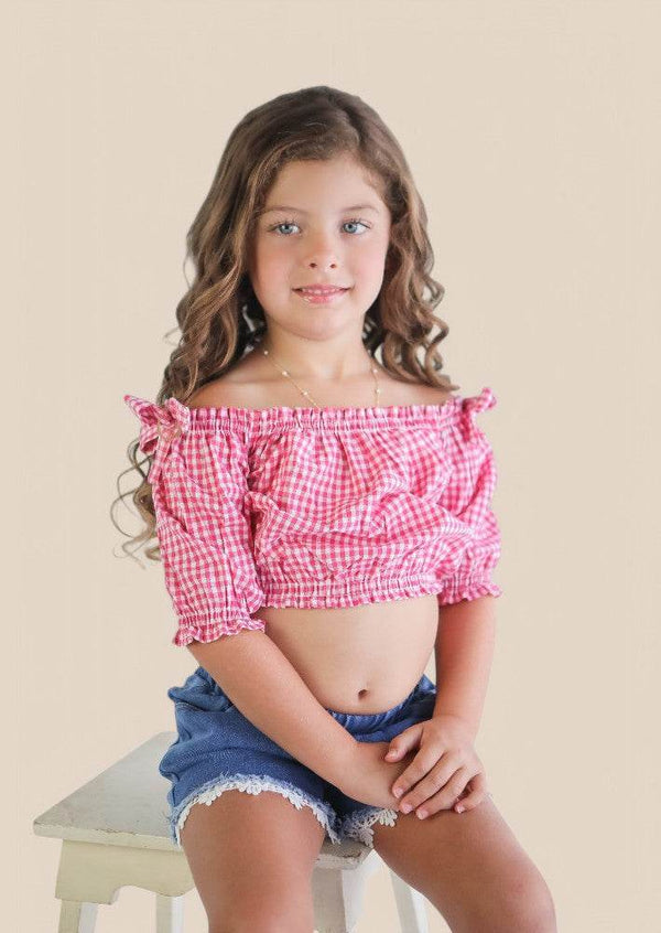 Denim Shorts with Red Check Top Set - 