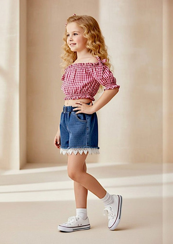 Denim Shorts with Red Check Top Set - 