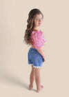 Denim Shorts with Red Check Top Set - 