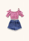 Denim Shorts with Red Check Top Set - 