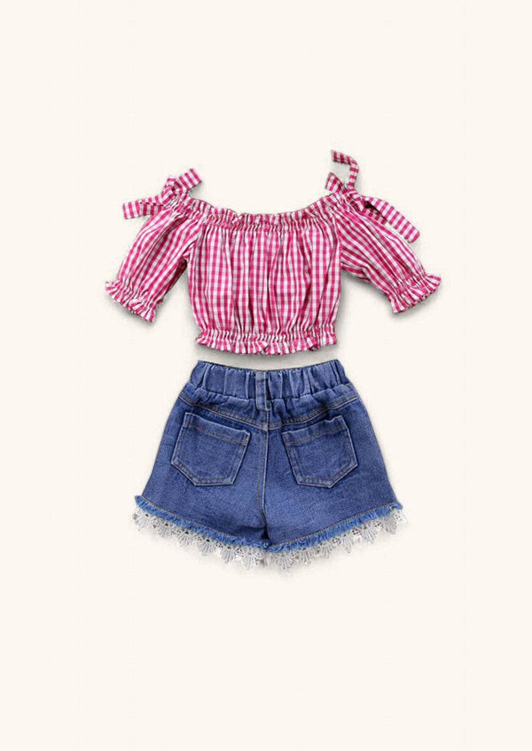 Denim Shorts with Red Check Top Set - 