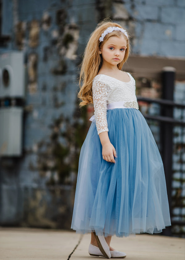 Dusty Blue Long Sleeve Boho Rustic Flower Girl Dress