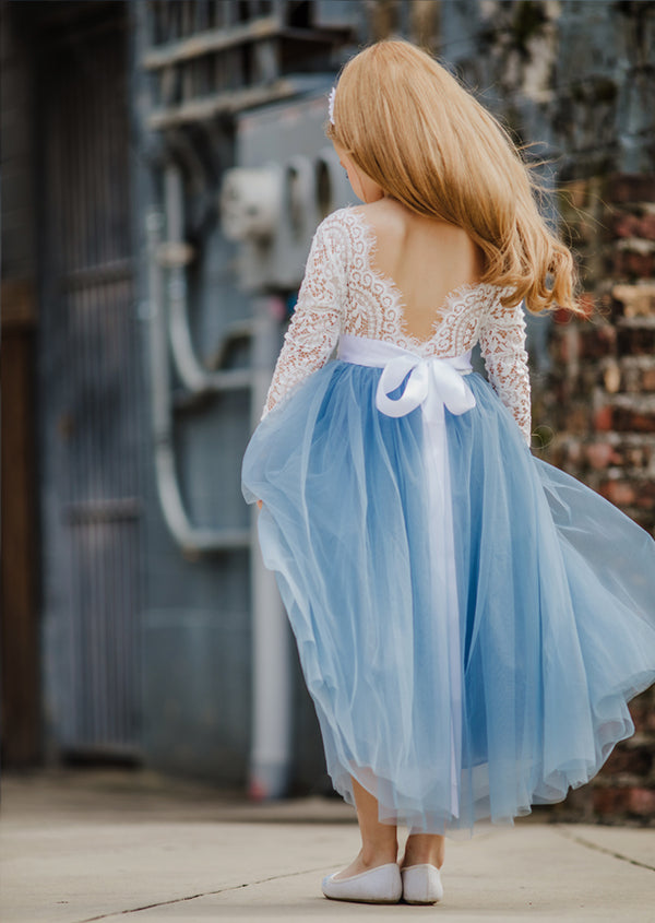Dusty Blue Long Sleeve Boho Rustic Flower Girl Dress