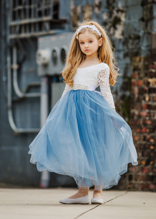 Dusty Blue Long Sleeve Boho Rustic Flower Girl Dress