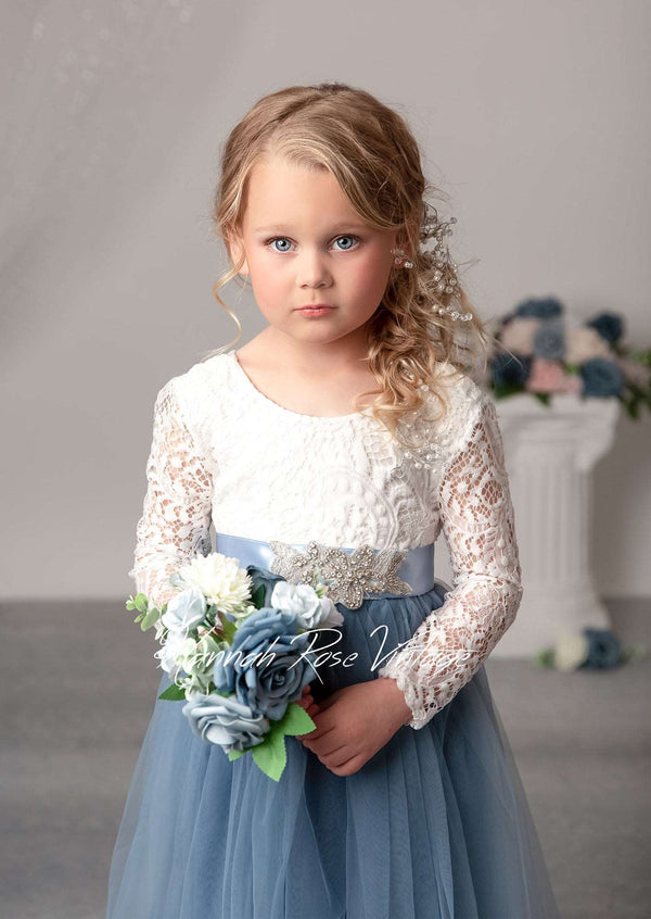 dusty blue and white flower girl dress