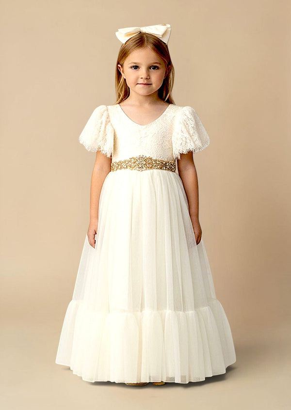 Elegant Ivory Ruffle Hem Tulle Flower Girl Dress with Flutter Sleeves - 