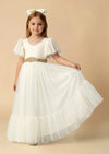 Elegant Ivory Ruffle Hem Tulle Flower Girl Dress with Flutter Sleeves - 