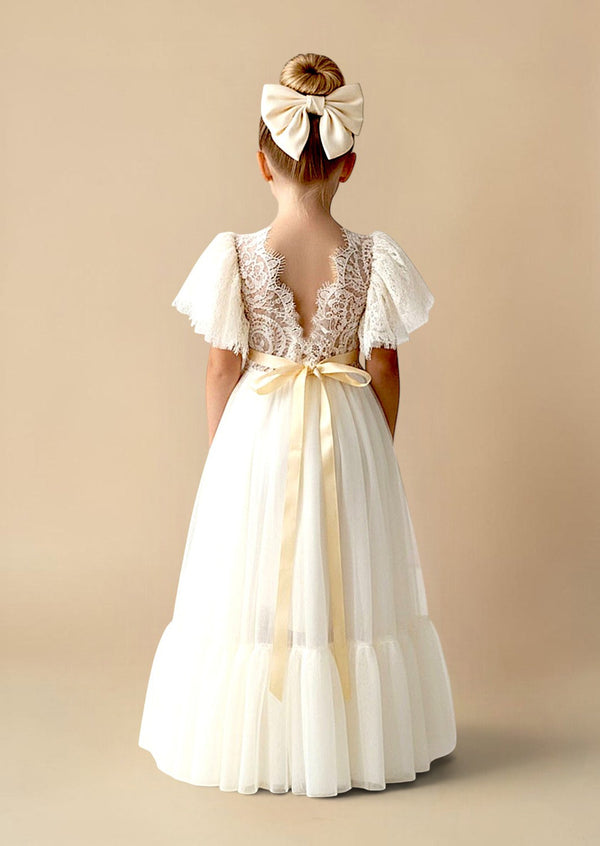Elegant Ivory Ruffle Hem Tulle Flower Girl Dress with Flutter Sleeves - 