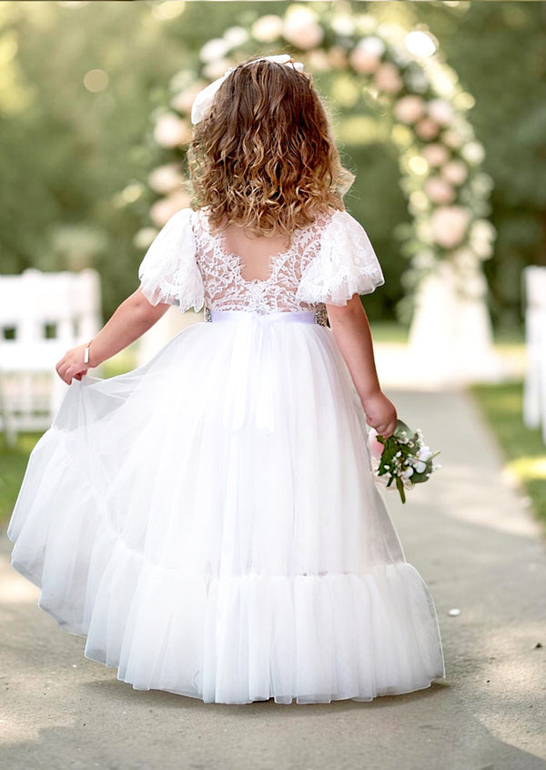 Elegant White Flower Girl Dress with Flounce Hem - 