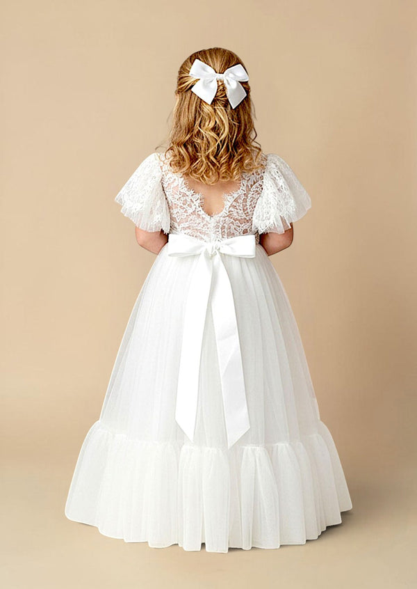 Elegant White Flower Girl Dress with Flounce Hem - 