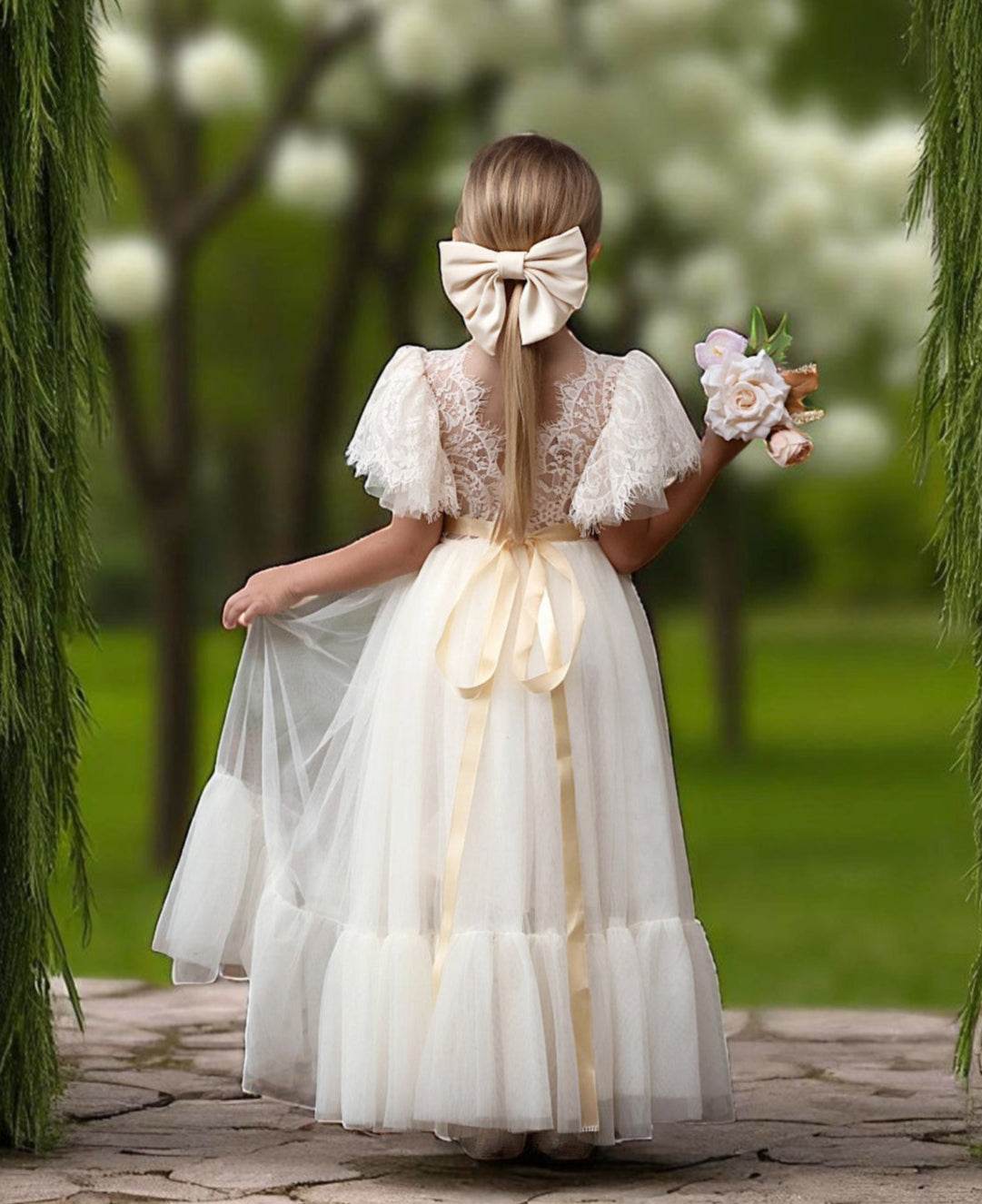 Elegant Ivory Rustic Lace Flower Girl Dress for Toddlers and Junior Bridesmaids