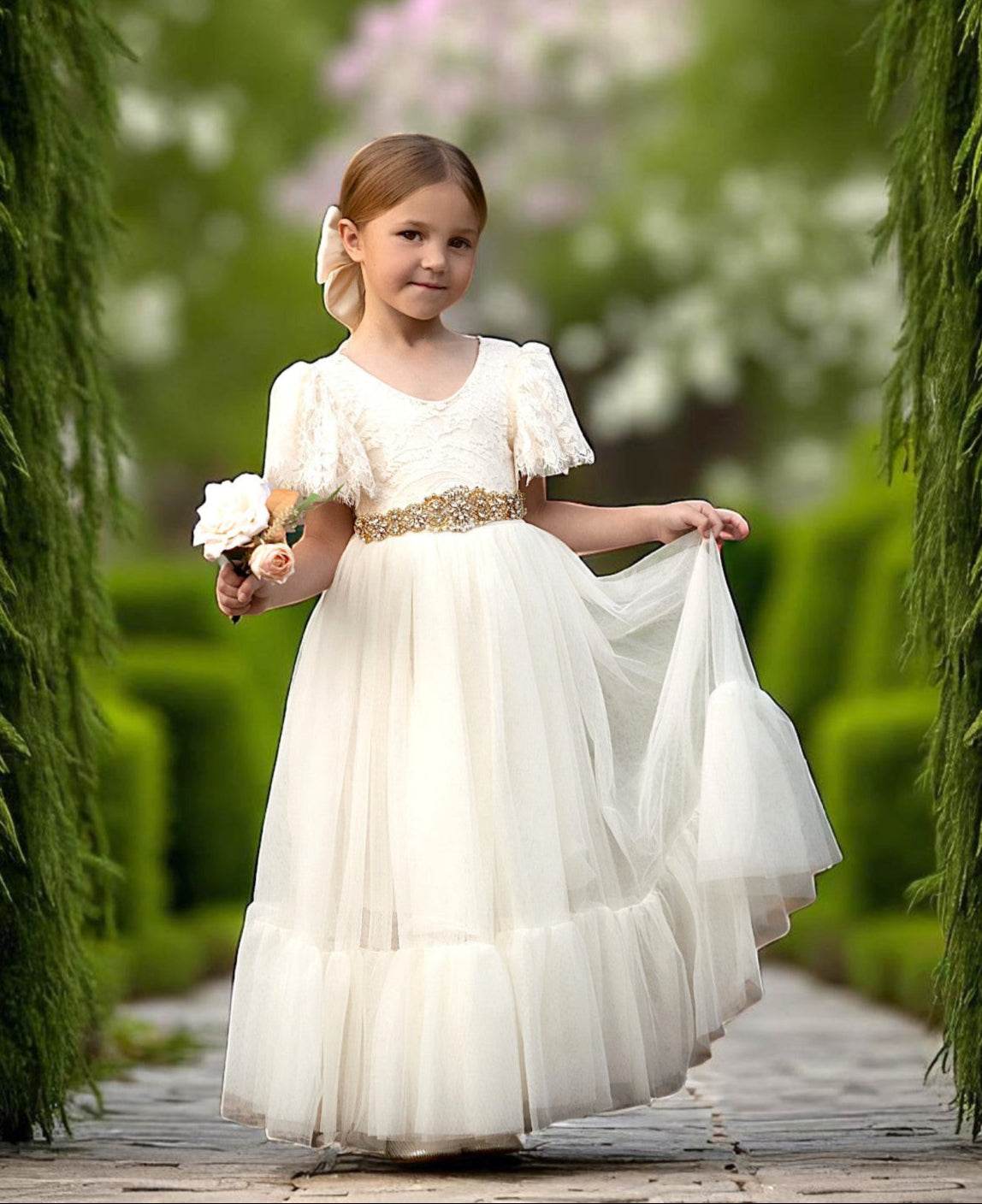 Elegant Ivory Rustic Lace Flower Girl Dress for Toddlers and Junior Bridesmaids