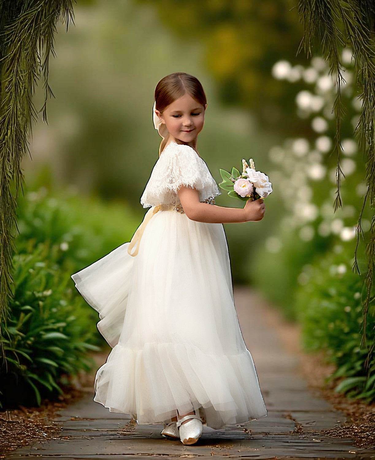 Elegant Ivory Rustic Lace Flower Girl Dress for Toddlers and Junior Bridesmaids