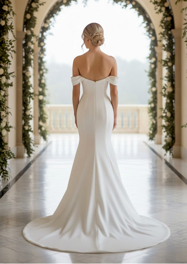 Minimalist Stretch Satin White Wedding Dress with Off‑Shoulder Straps