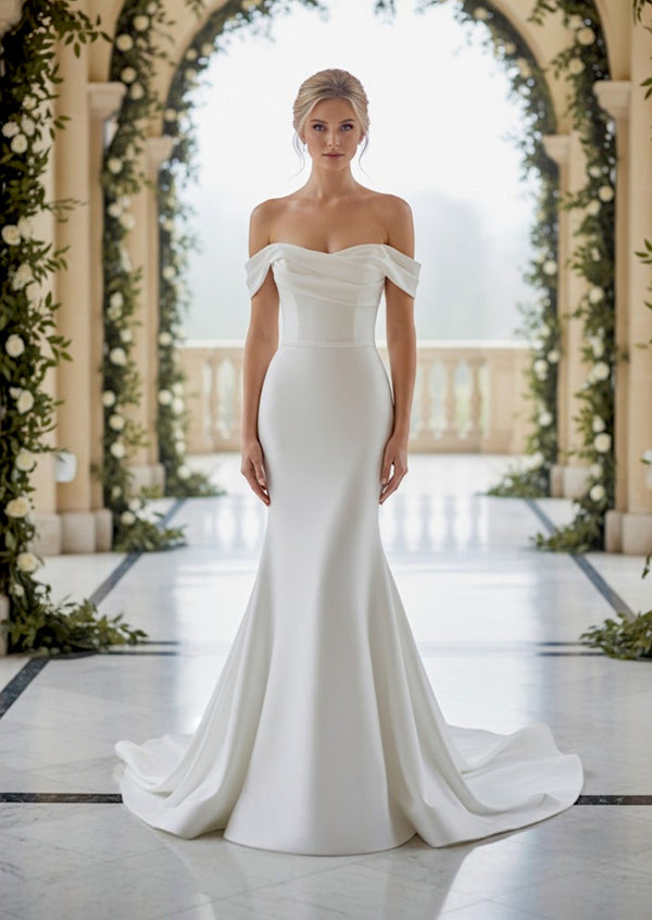 Minimalist Stretch Satin White Wedding Dress with Off‑Shoulder Straps