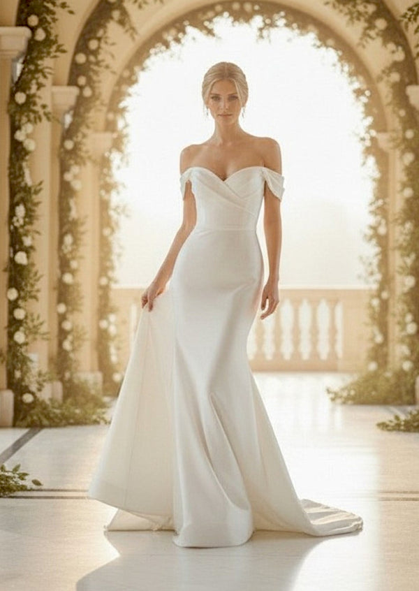 Minimalist Stretch Satin White Wedding Dress with Off‑Shoulder Straps
