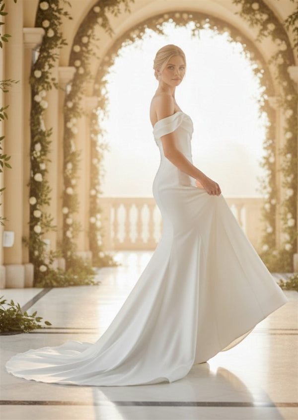 Minimalist Stretch Satin White Wedding Dress with Off‑Shoulder Straps