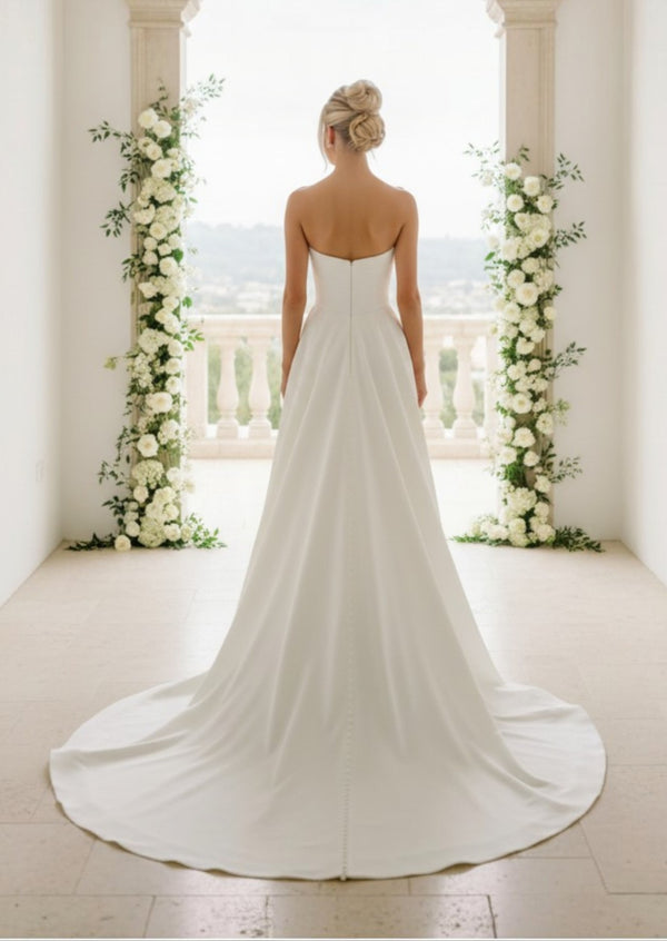 Minimalist Stretch Satin White Wedding Gown with Sweetheart Neckline