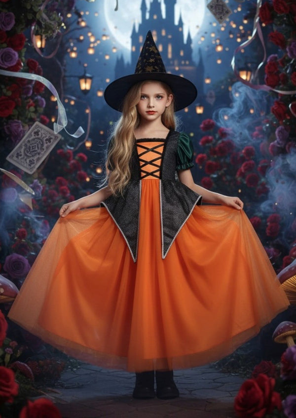 Enchanted Harvest Witch Gown – Orange, Green & Black - 