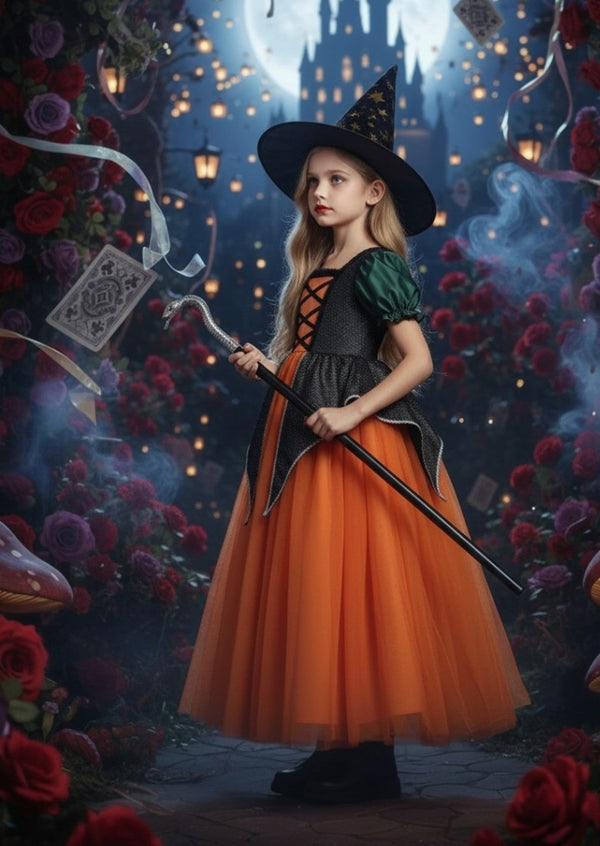 Enchanted Harvest Witch Gown – Orange, Green & Black - 