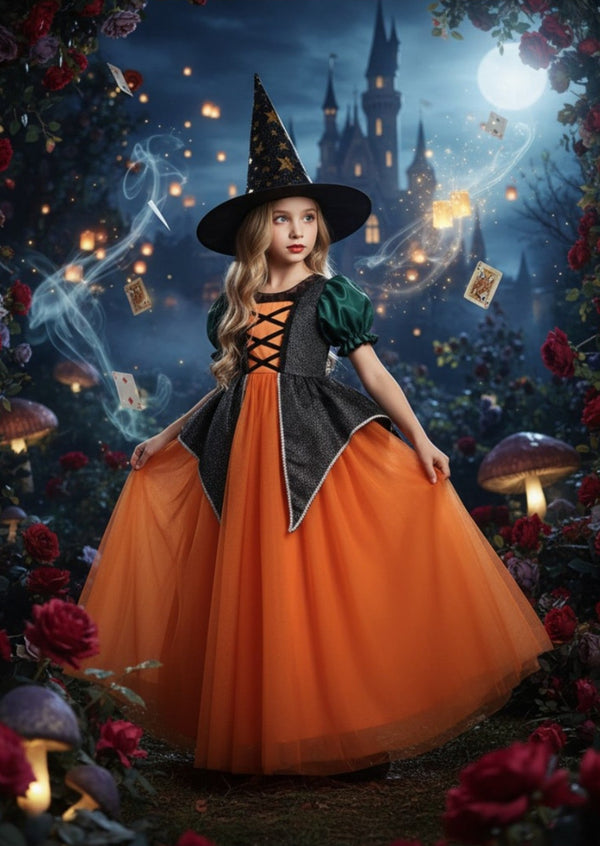 Enchanted Harvest Witch Gown – Orange, Green & Black - 