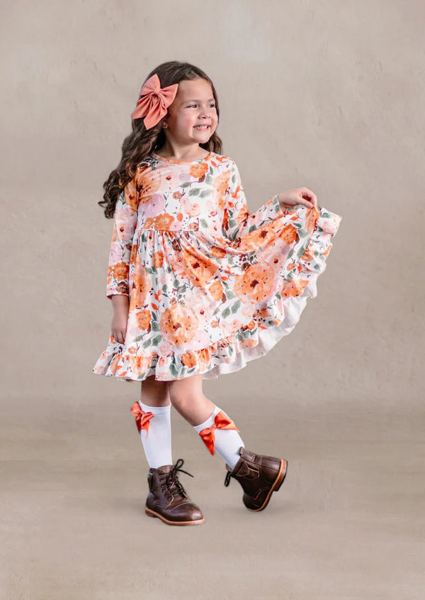 Fall Floral Twirl Dress Gold Brown - 