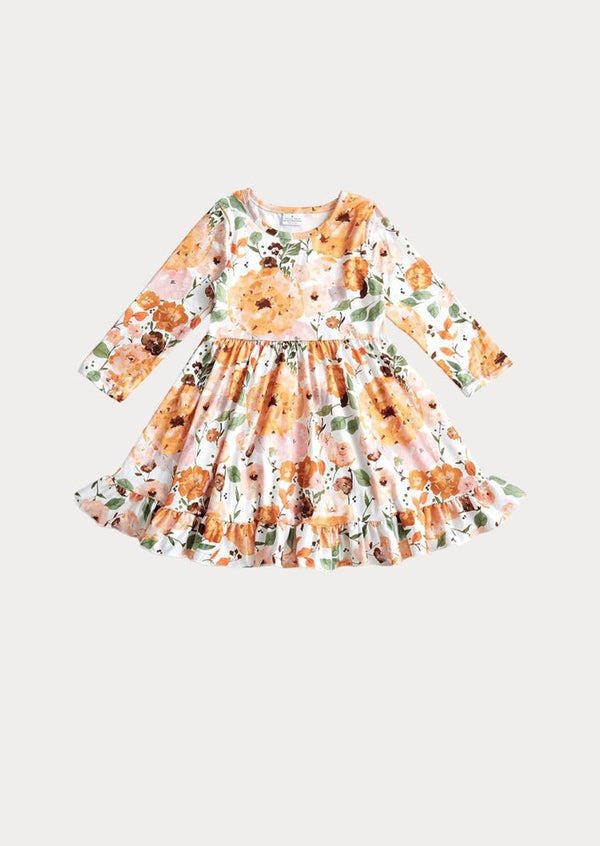 Fall Floral Twirl Dress Gold Brown - 